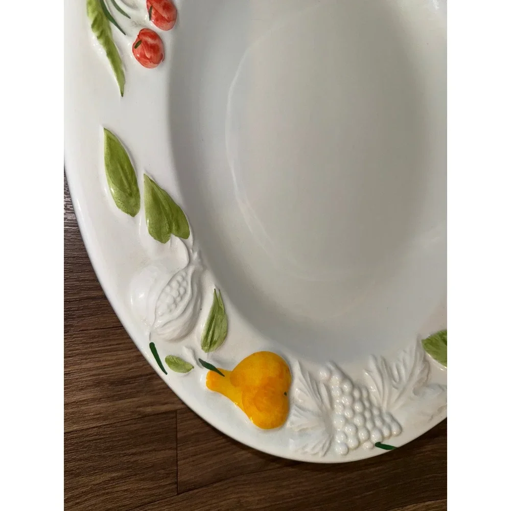 Antica Fornace Italy Embossed Fruit‎ Ceramic Oval Serving Platter White 18.5in